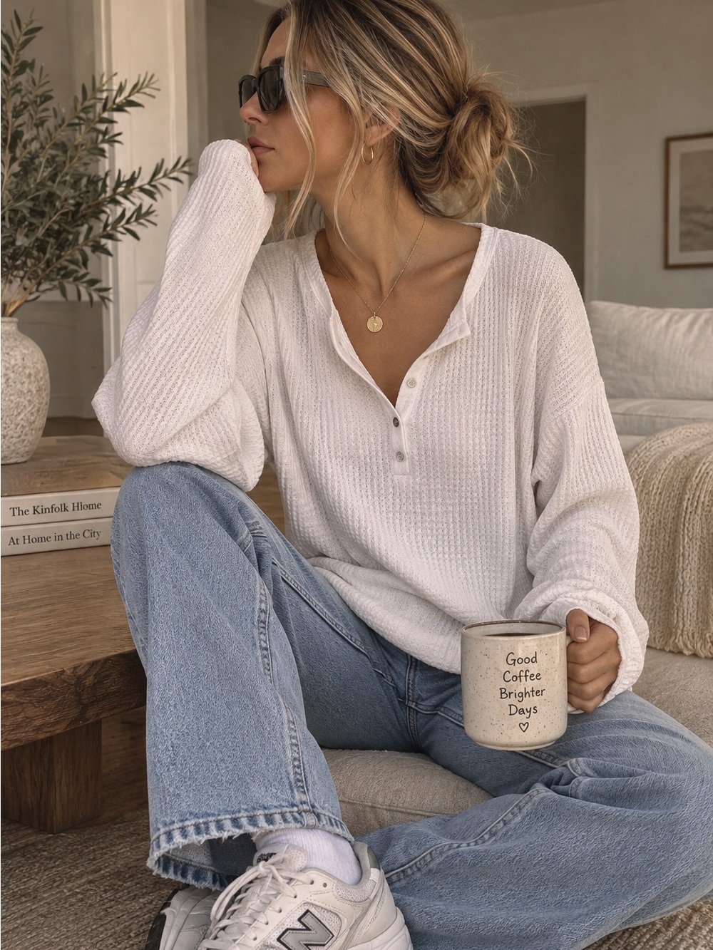 Caslon Waffle Knit Henley Top White 0X